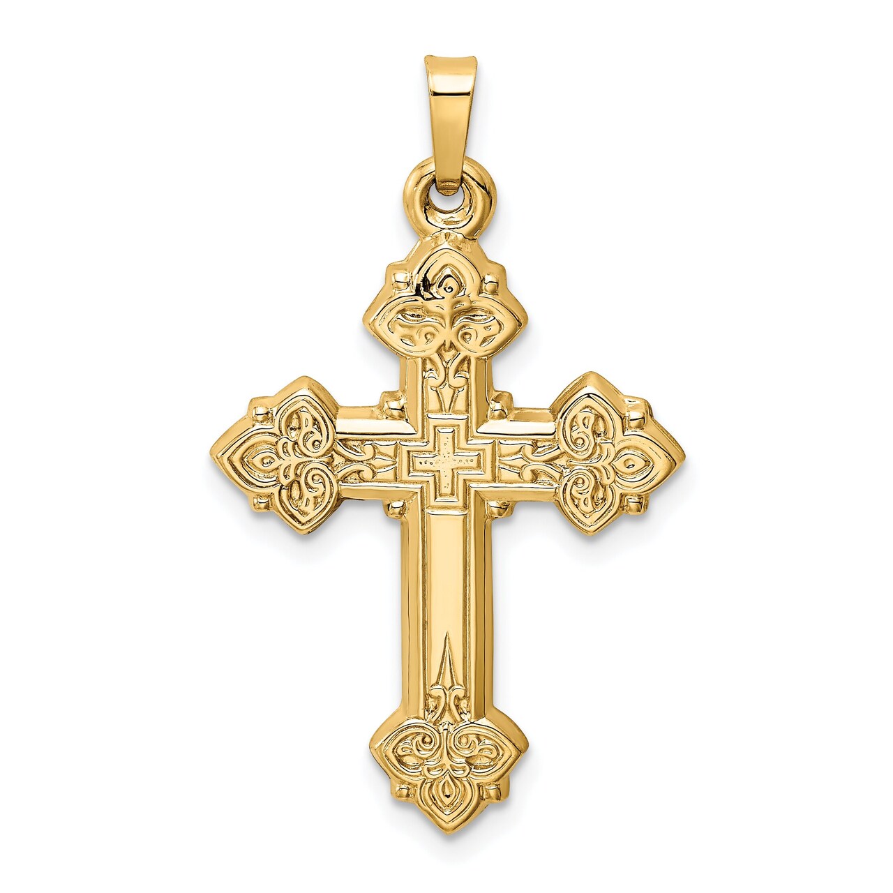 14K Yellow Gold Budded Hollow Cross Pendant Jewelry 34.2mm x 20.4mm